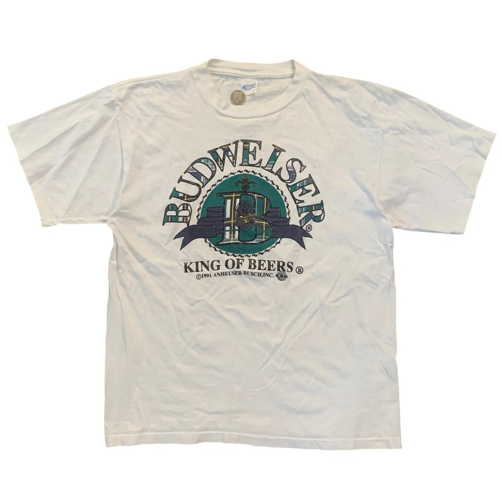 Vintage 1991 Budweiser King of Beers T-Shirt Alore Single Stitch White‎ XL 90s